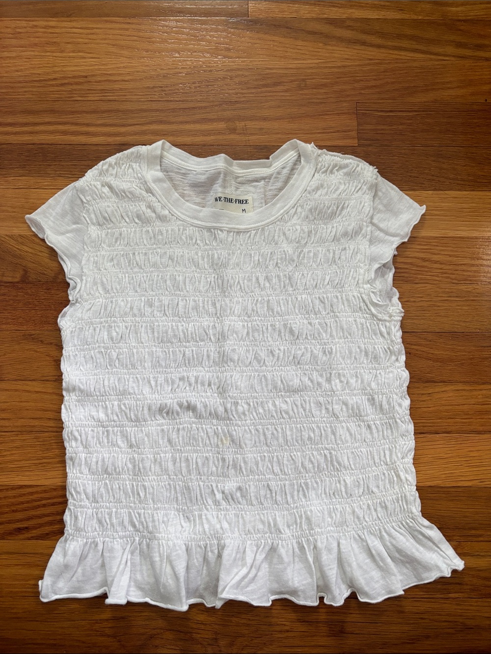 We The Free White Smocked Short-Sleeve Tee with Ruffle Hem